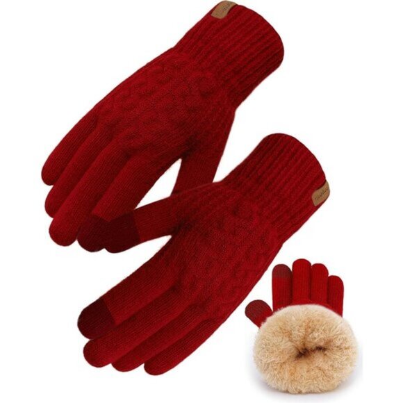 ⚡Women & Men Burgundy Winter Touch Screen Warm Thick Fleece Lined Knit Gloves - Picture 1 of 7